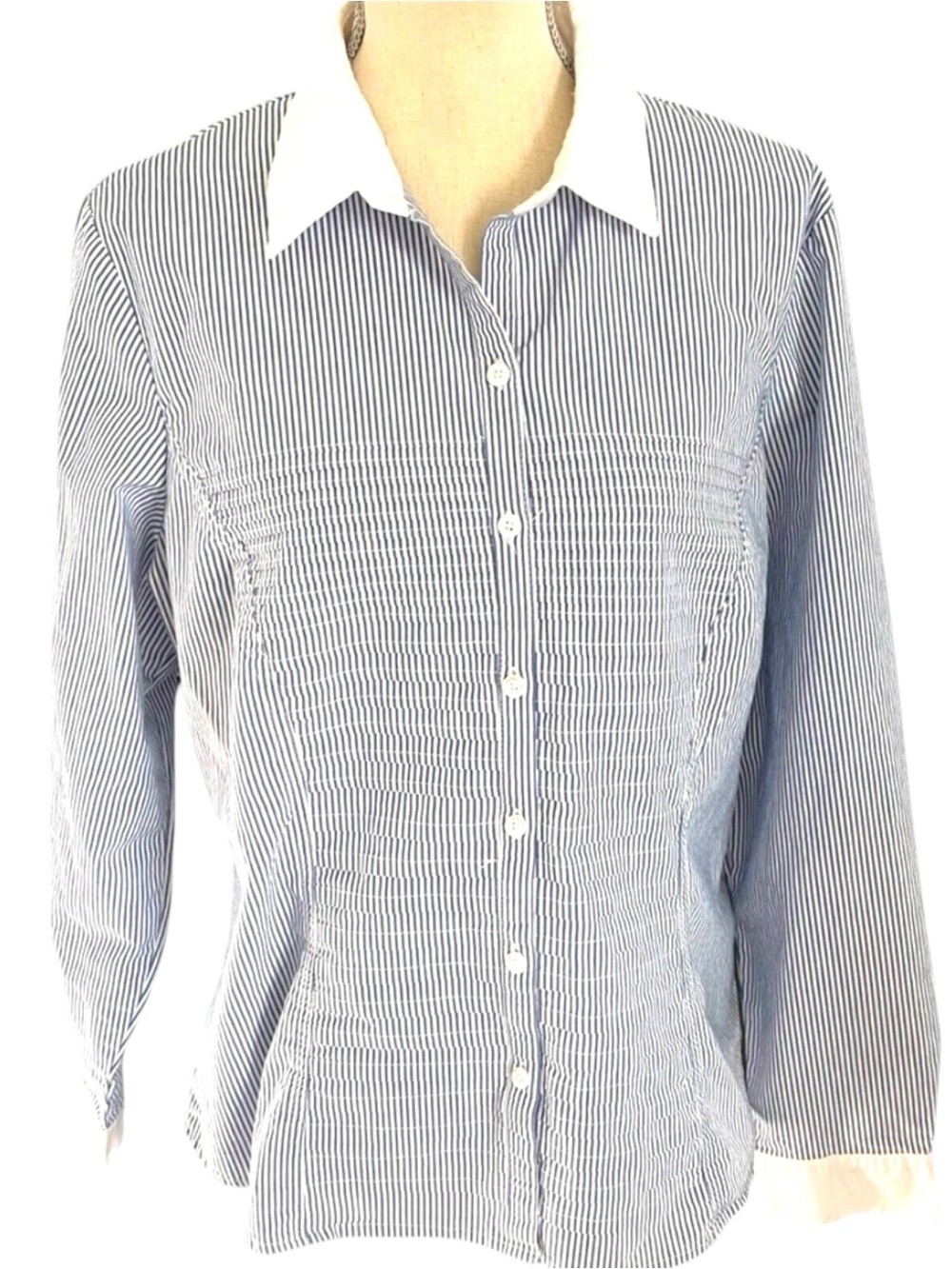 Zac & Rachel Blue/White Stripe Pleated Front Cotton Blend Button Up Shirt (XL)